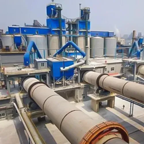 Industrial cooling tower system with large cylindrical pipes and blue structural components.