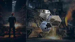 A dynamic factory scene showing a worker welding metal on the left, industrial machinery pouring molten metal on the right, and hexagonal insets showcasing metal sheets, pipes, and rods in the center.